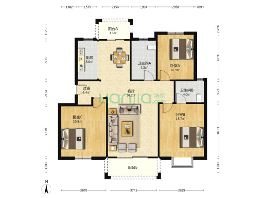 聚沙佳苑 3室1厅2卫 120平方