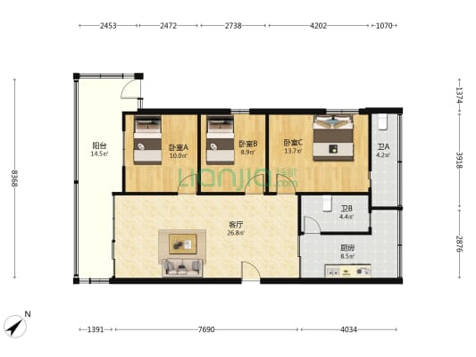 鹏湾丽苑 3室1厅2卫 74平方