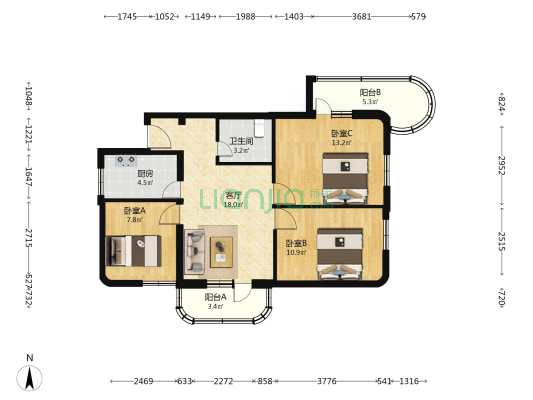荧屏里 3室1厅1卫 87平方