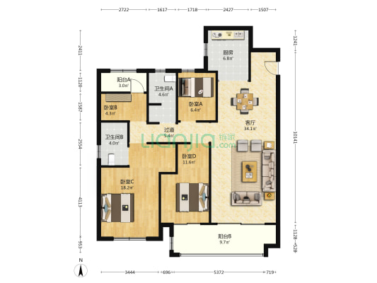 保利文化广场三期 4室1厅2卫 149平方