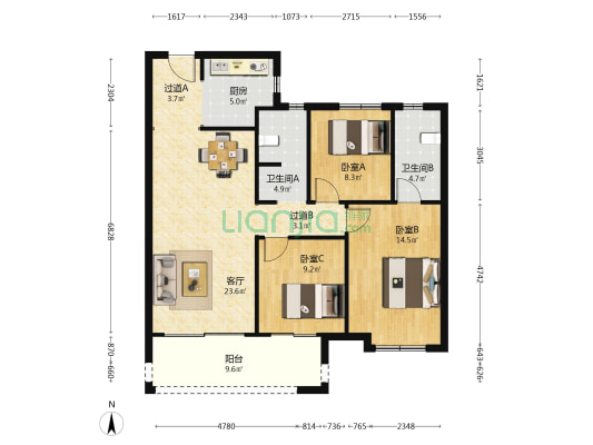 万科航海未来城 3室1厅2卫 114平方