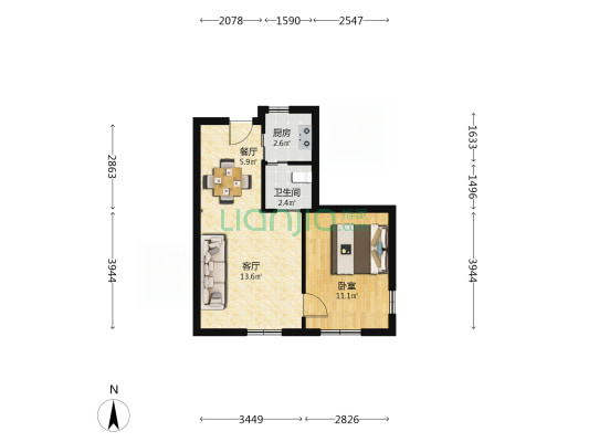 府前嘉苑东区 1室2厅1卫 59平方