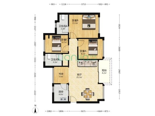 民轩.揽翠台 4室1厅2卫 88平方
