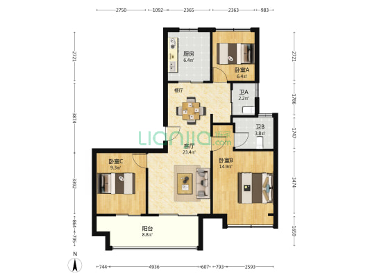 星辰四季 3室1厅2卫 102平方