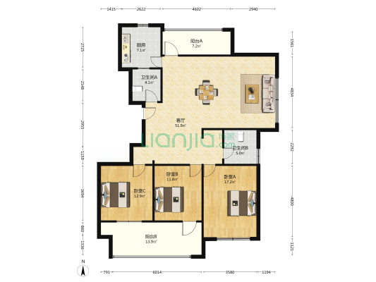 杏园小区 3室1厅2卫 160平方