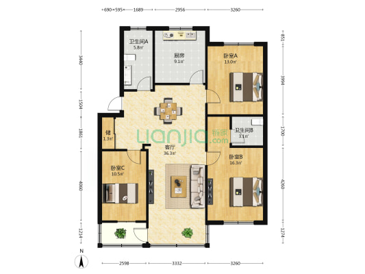 永久公寓 3室1厅2卫 119平方