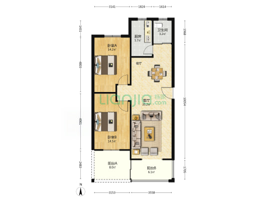 昊天·花园小城 2室1厅1卫 101平方