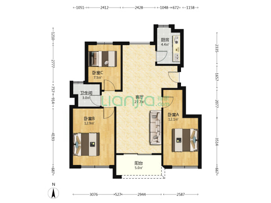 阅湖山 3室1厅1卫 87平方