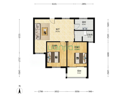 众泾水岸花园 2室1厅1卫 86平方