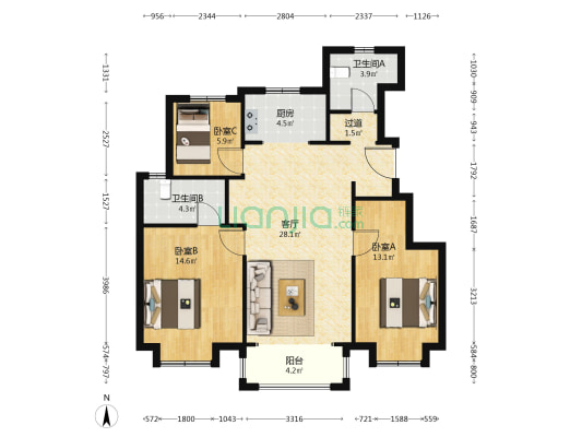 龙湖春江悦茗 3室1厅2卫 105平方
