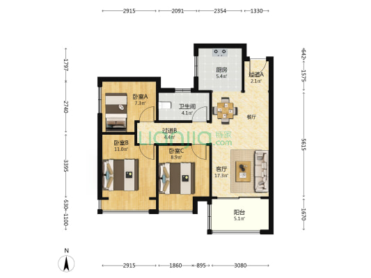 泰宏建业国际城13号院 3室1厅1卫 93平方