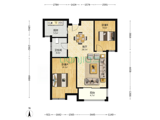水韵金沙 2室1厅1卫 87平方