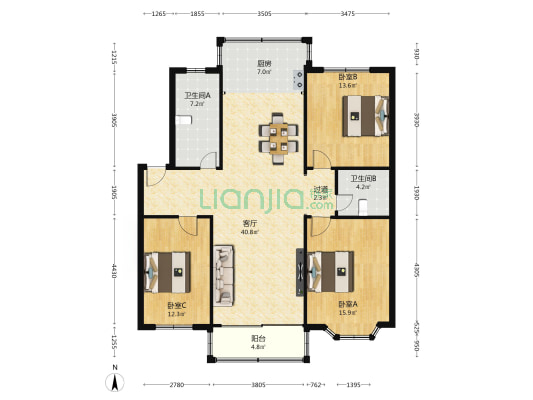 绿都花园 3室1厅2卫 129平方