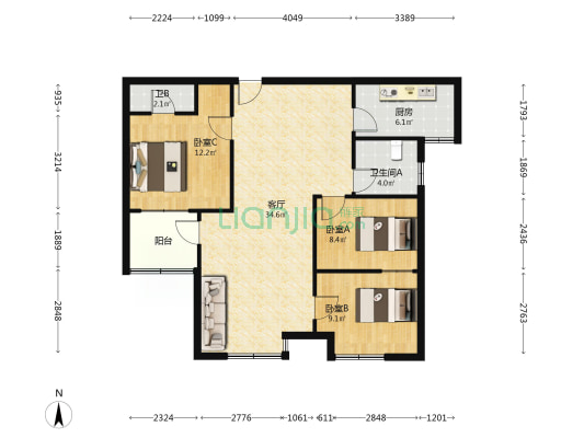春来家园春和坊 3室1厅2卫 105平方