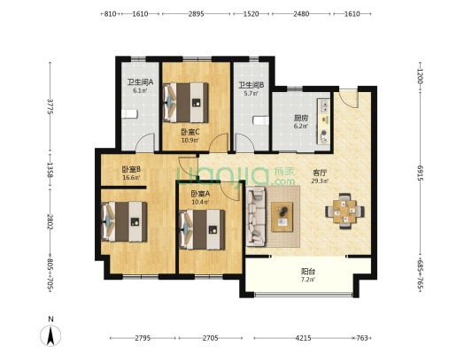 融创滨江映 3室1厅2卫 112平方