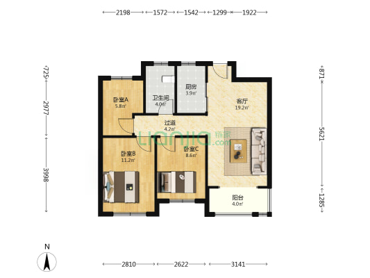 紫荆和园 3室1厅1卫 89平方