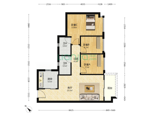 城发榕华里 3室1厅2卫 88平方