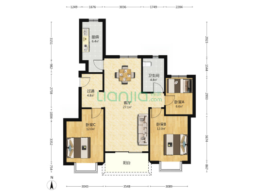 珺睿华庭 3室1厅1卫 105平方