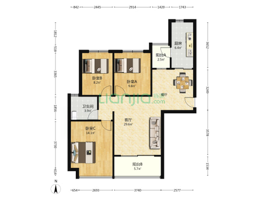 恒大城紫玉园 3室1厅1卫 119平方