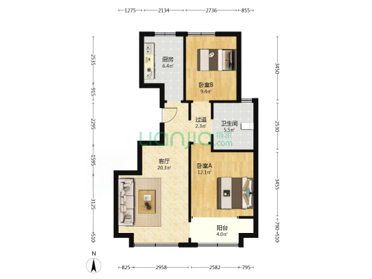 湖璟中心 2室1厅1卫 83平方