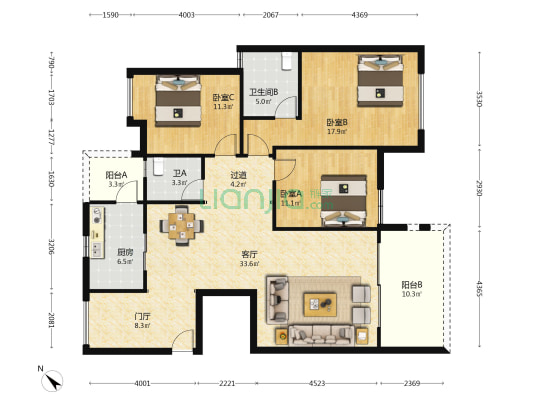 东海蓝湾二期 3室1厅2卫 136平方