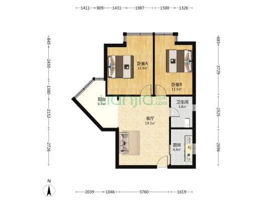 福星花园大厦 2室1厅1卫 78平方