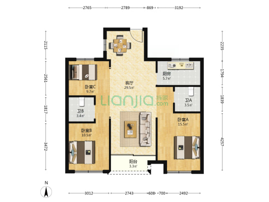 阳光城市公寓 3室1厅2卫 89平方