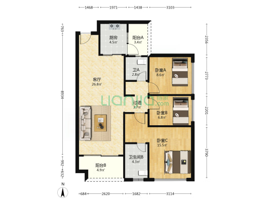 佛山院子三期 3室1厅2卫 104平方