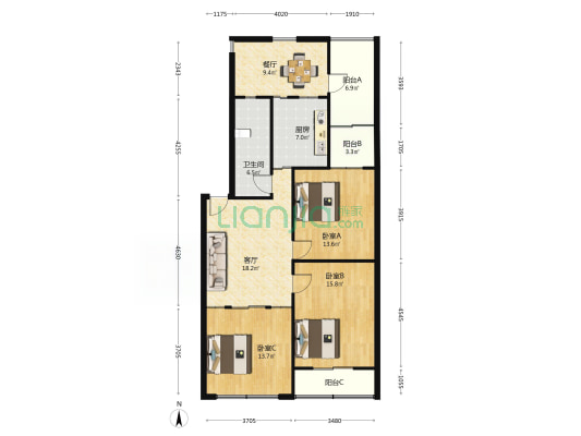 凯明园小区 3室2厅1卫 93平方