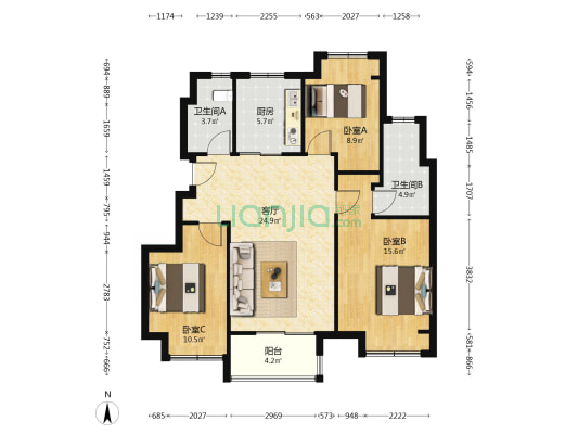 万科湖山观云庭 3室1厅2卫 94平方