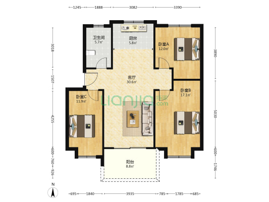 临江佳苑 3室1厅1卫 105平方