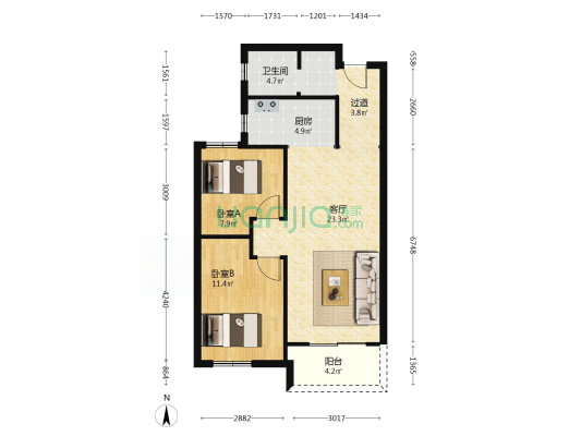 孔雀城 2室1厅1卫 78平方