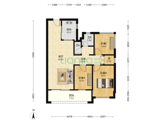 信城缙华府 3室1厅2卫 82平方