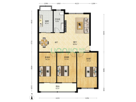 鸿元西区 3室1厅1卫 134平方