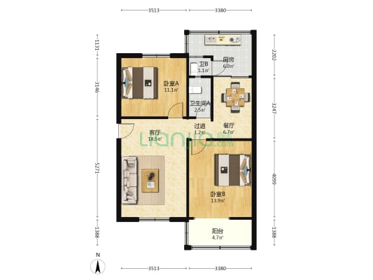 洪湖二街44号大院 2室2厅2卫 74平方