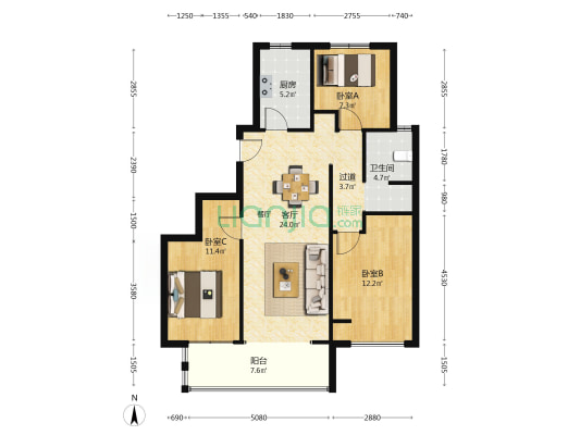 兴港永威和园 3室1厅1卫 97平方