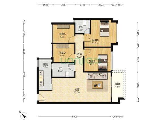 大族云峰二期 4室1厅2卫 101平方