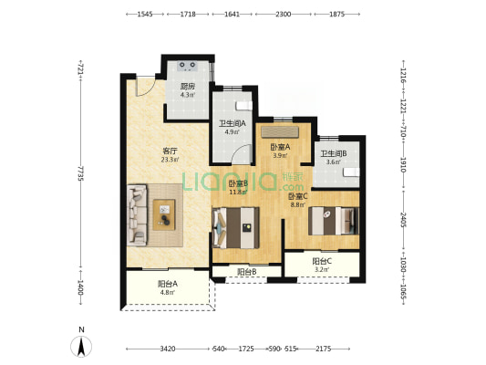 世茂国风源赋 3室1厅2卫 89平方
