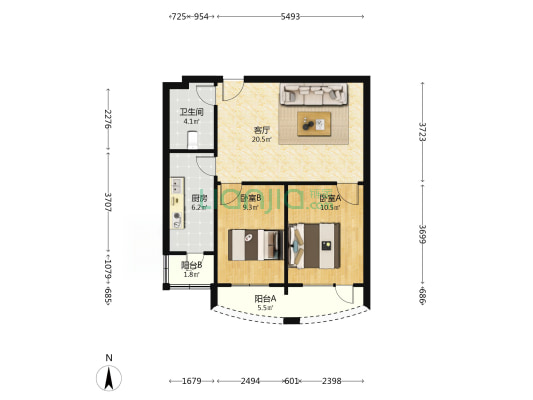 国奥花园三期 2室1厅1卫 80平方