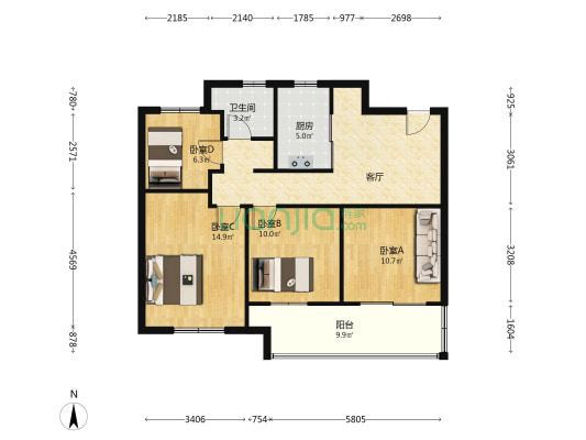 瑞福花园A区 4室1厅1卫 107平方