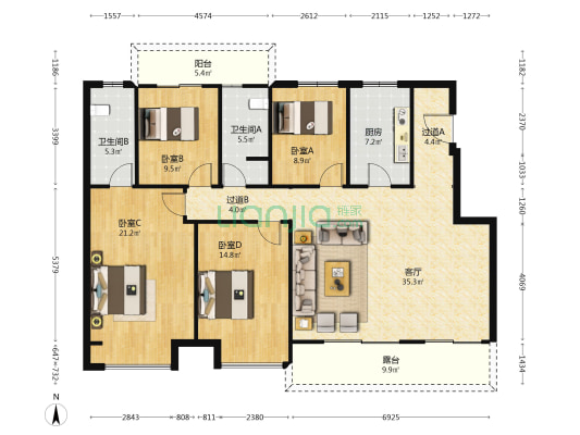 康桥香溪郡3号院 4室1厅2卫 140平方
