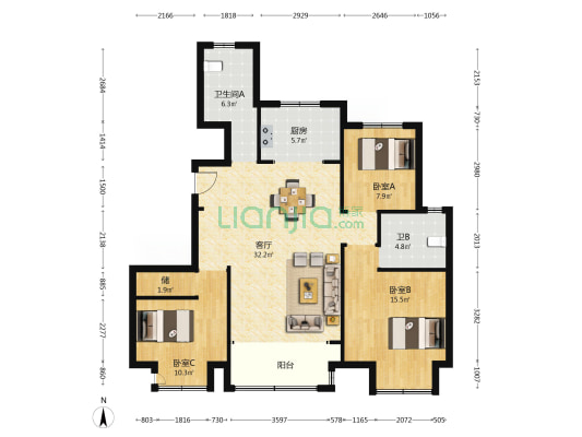 文昌小区北区 3室1厅2卫 126平方