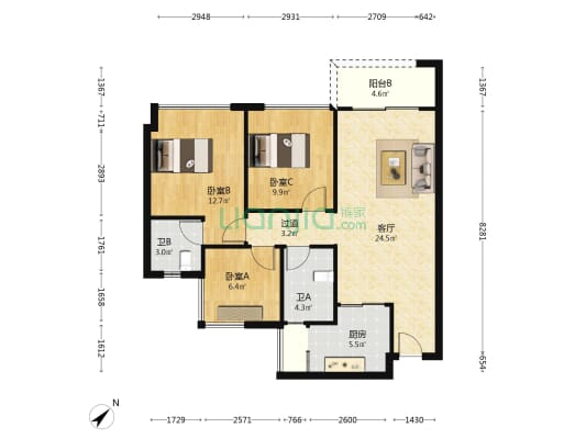 大族云峰二期 3室1厅2卫 91平方