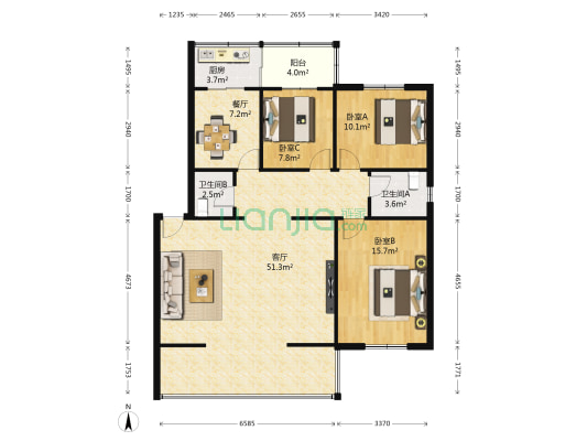 枣林小区 3室2厅2卫 125平方