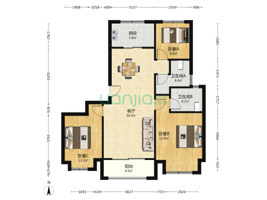 电建明悦苑 3室1厅2卫 115平方