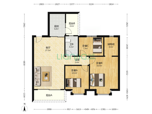 向明苑 3室1厅1卫 109平方