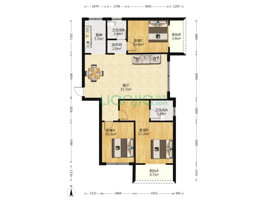 鹏宇新城 3室1厅3卫 115平方