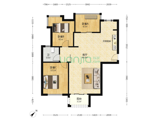 金莎蓝湾 3室1厅1卫 96平方