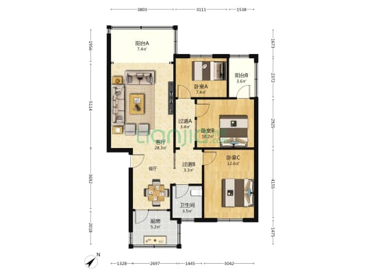 新安湖综合楼 3室1厅1卫 91平方