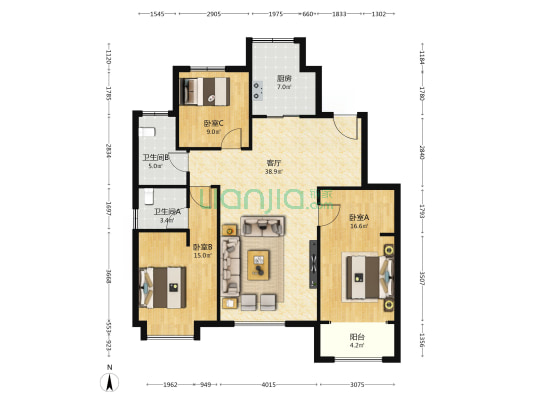 滨江国际 3室1厅2卫 132平方